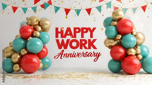 Happy work anniversary celebration banner with colorful balloons and festive decorations, corporate milestone greeting design for employee appreciation and workplace celebration