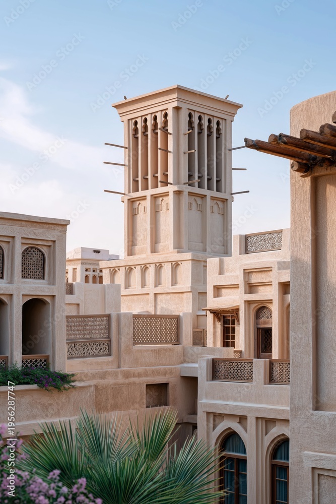 Fototapeta premium A traditional wind tower rising above historic Arab courtyard houses, intricate beige textures, clear sky, warm sunlight, authentic Middle Eastern heritage atmosphere