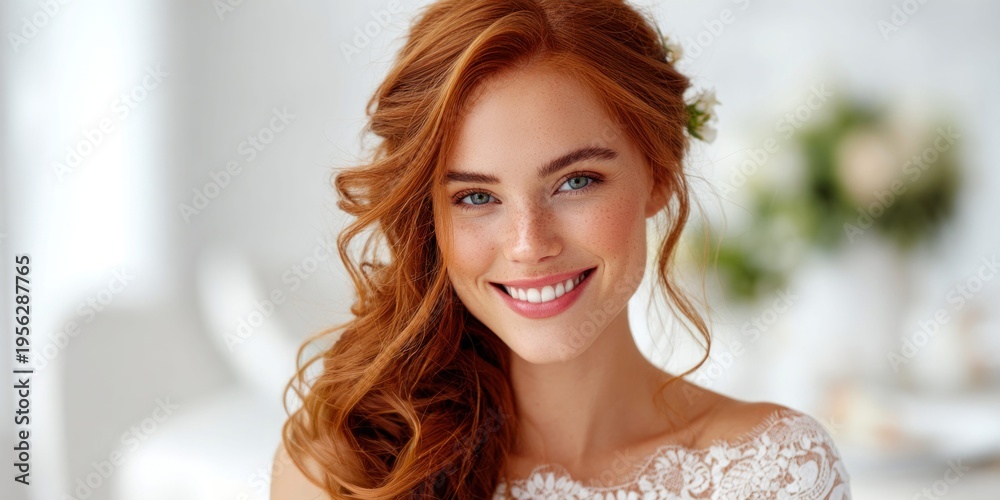 Fototapeta premium Beautiful smiling bride with red hair and freckles, wearing a lace wedding dress