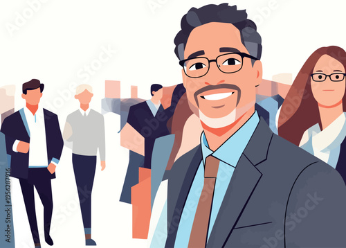 Group of people in business attire walking in a city during day time with one man smiling at the camera
