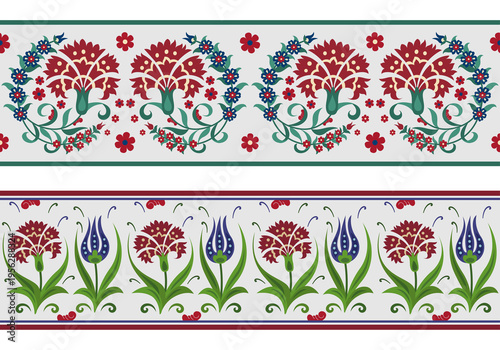 Seamless floral borders, brushes. Stylized flowers. Central Asian, Suzani, Iznik style.