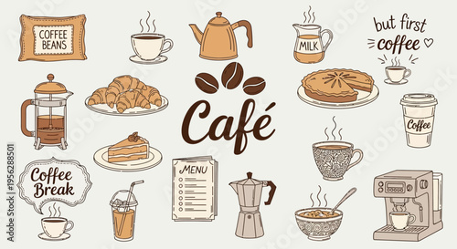 A cozy café scene with various coffee drinks and pastries on a table indoors