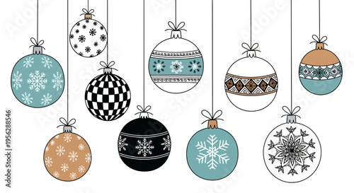 Hanging decorated Christmas ornaments with snowflakes and patterns on them