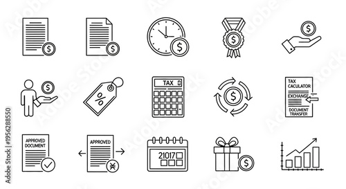 Business icons illustrate various office tasks and finance operations daily
