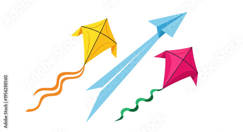 Three colorful kites fly high in a sunny outdoor recreational event