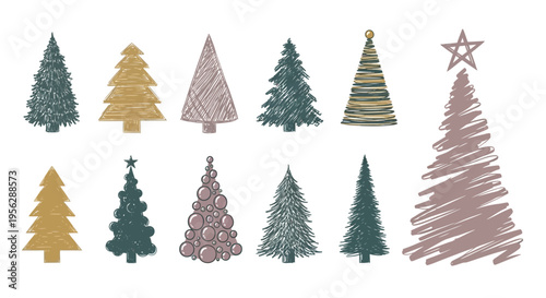 A festive arrangement of Christmas trees in various colors and styles on a white background for decoration