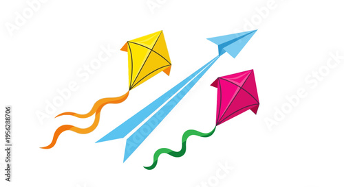 Colorful kites fly high in clear sky on windy day outdoors