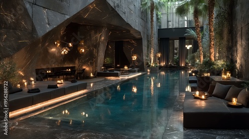 luxurious spa lounge with pool at night