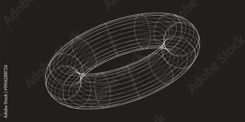wireframe round, 3d torus shape, geometric grid mesh, futuristic tech element, white line art, abstract digital form, mathematical design, techno geometric icon, parametric donut mesh, isolated black