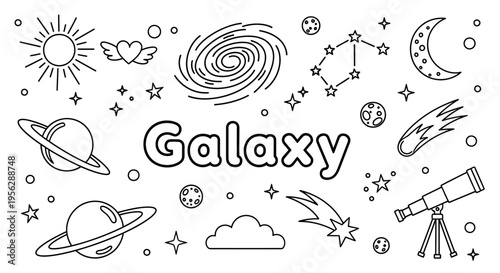 The sbbnvklSBFS  illustration depicts a vibrant galaxy scene with celestial bodies and telescope.