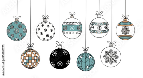 Colorful Christmas ornaments hanging from strings on a white background with various patterns