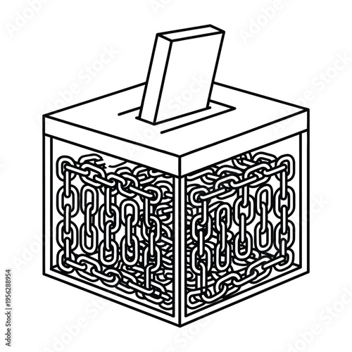 Ballot box filled with chains and a ballot paper inserted in a stylized illustration
