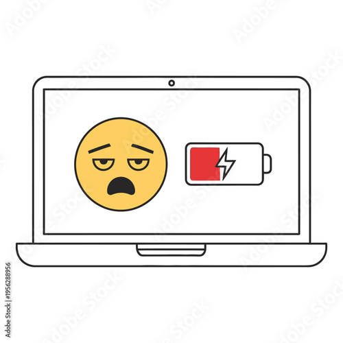 Sad emoji and low battery indicator displayed on a laptop screen