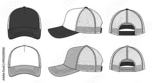 Various baseball cap views including front, side, and back angles shown