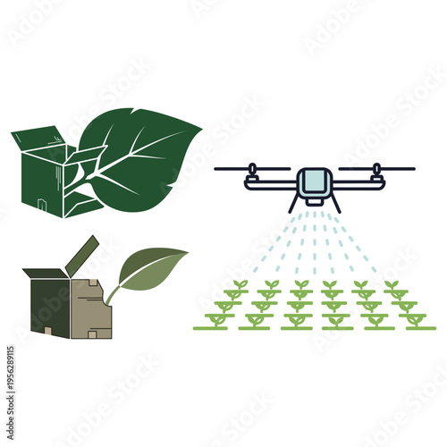 Drone spraying crops in a field with plants and leaves emerging from boxes
