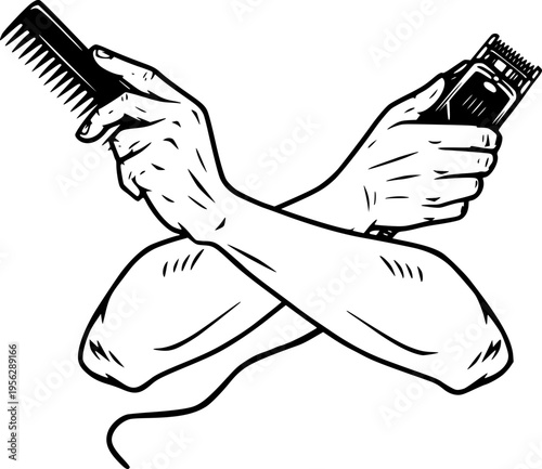 Vector illustration of crossed arms holding hair clipper and comb