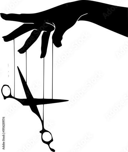 Vector graphic of hand controlling scissors with strings like a marionette puppet