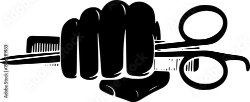 Clenched fist holding hairdressing tools in a vector graphic design