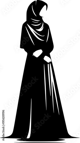 Muslim woman wearing a hijab and abaya standing with her hands clasped