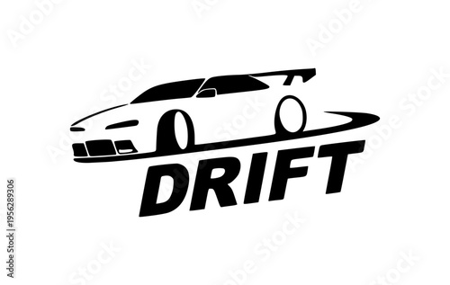 Black and white vector graphic illustration of a sports car drifting with the word drift