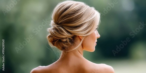 Elegant blonde woman's intricate updo hairstyle, perfect for weddings and formal events