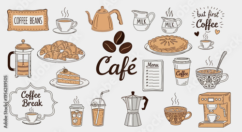 A vibrant café interior with various coffee drinks and food items on display