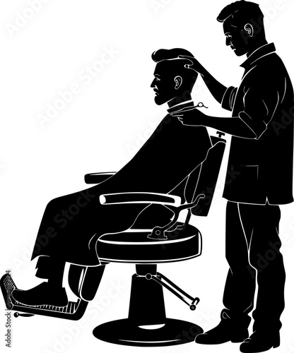 Professional barber cutting a man's hair in a salon chair with scissors
