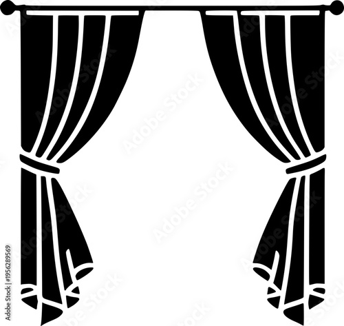 Black curtains tied back on a rod vector graphic illustration