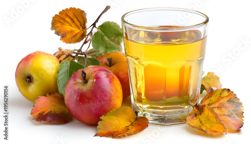Apple juice and ripe apples with dried-up leaves.
