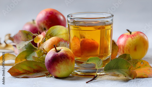 Apple juice and ripe apples with dried-up leaves.