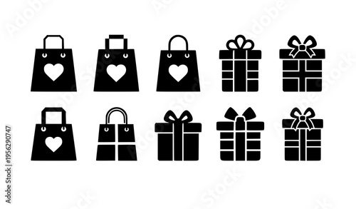 Shopping bag and gift box silhouette icons retail ecommerce vector set