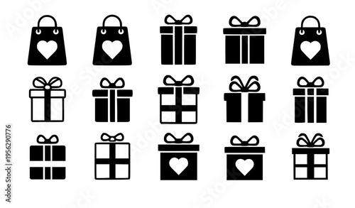Shopping bag heart and gift box pictogram icons ecommerce vector set
