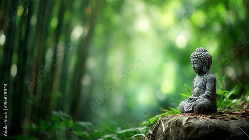 Serene buddha statue amidst lush bamboo grove. Artificial intelligence image