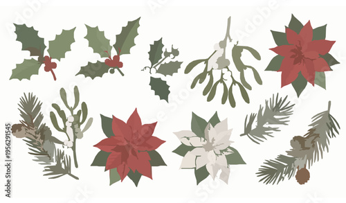 Elegant Christmas Botanical Elements Set Winter Holiday Plant Vector Collection