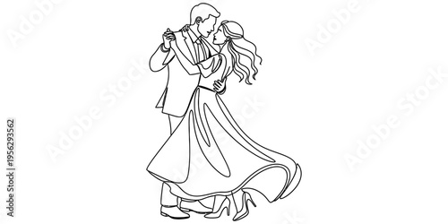 Continuous line drawing of romantic couple dancing in elegant attire