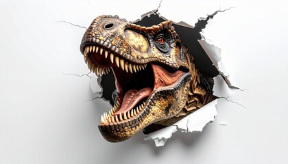 壁を突き破って現れる恐竜の頭部のインパクト合成写真