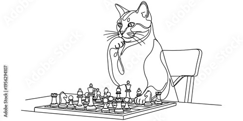 Continuous line drawing of smart cat playing chess at table