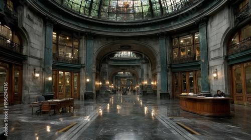 neoclassical rotunda interior with stained glass dome and marble floor