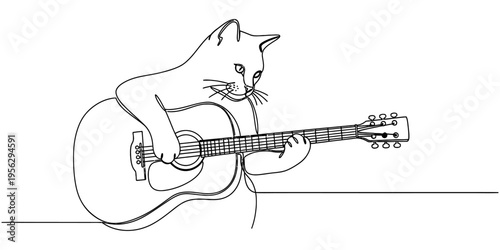 Continuous One Line Drawing of Cute Cat Playing Acoustic Guitar