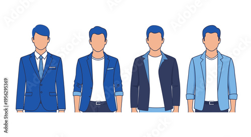 four cartoon men in different blue outfits standing in a row