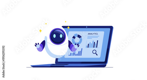 happy robot with laptop and analytics data