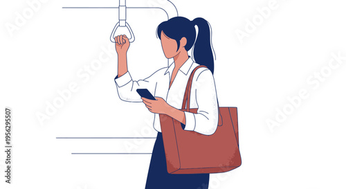 woman holding smartphone and train handle in public transportation