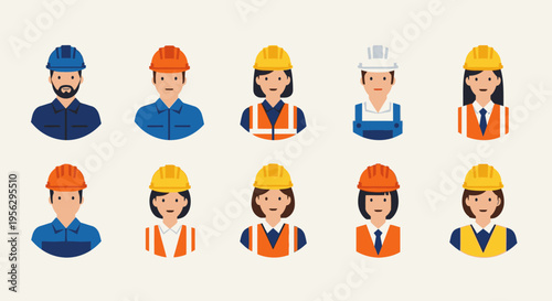 construction workers icons set, people in hard hats and vests