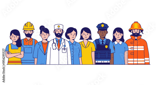 Diverse professionals and workers in various occupations standing together