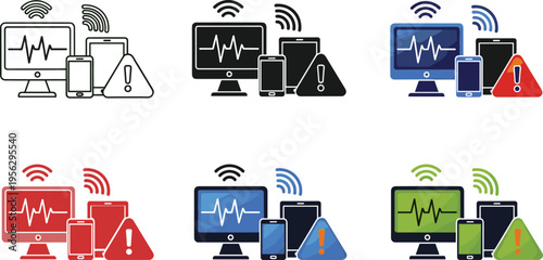 cyber security alert concept, device warning system icons with computer smartphone wifi signal and danger notification technology protection illustration