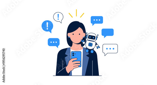 woman using smartphone with chat bubbles around her