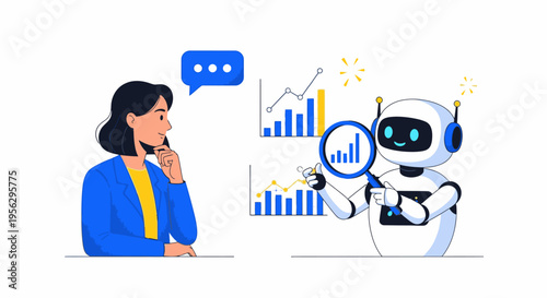 Businesswoman and robot analyzing data and discussing strategy