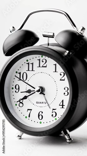 Clock face timelapse on white background. Time ticking on old fashioned alarm clock with bells. Time moving fast. Vertical. Time concept. Table clock show running time. Close-up in 4K, UHD