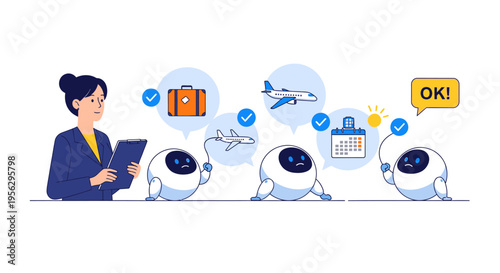 Businesswoman interacting with robots, discussing travel and work