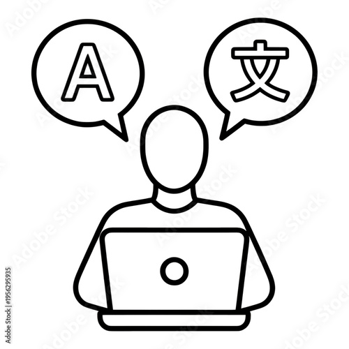 Person With Laptop And Translation Bubbles Line Icon